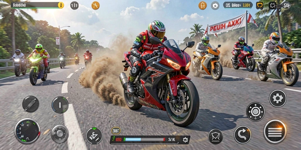 Gameplay balap motor yang seru dan mengasyikkan.