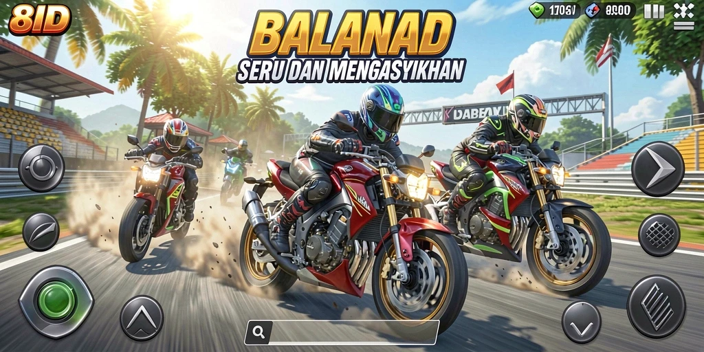 Screenshot gameplay 8ID yang menunjukkan aksi balapan motor yang mendebarkan.