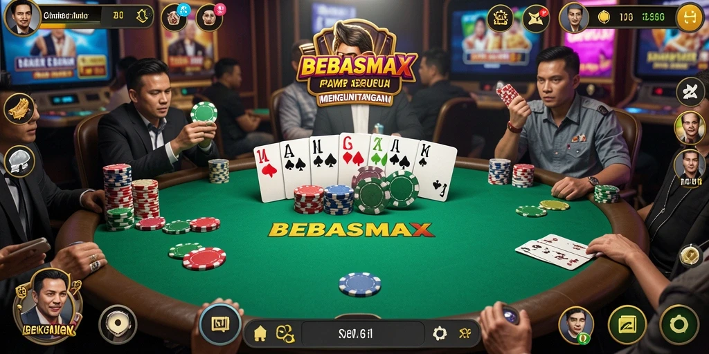 Screenshot gameplay BEBASMAX menunjukkan aksi poker yang mendebarkan.