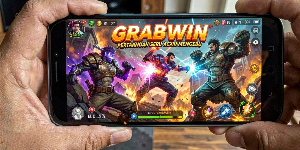 Tangkapan layar gameplay GRABWIN menampilkan aksi pertarungan yang intens dan grafis menakjubkan.