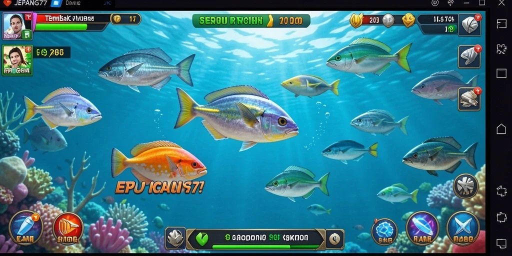 Screenshot gameplay JEPANG77 menampilkan aksi Tembak Ikan yang seru.