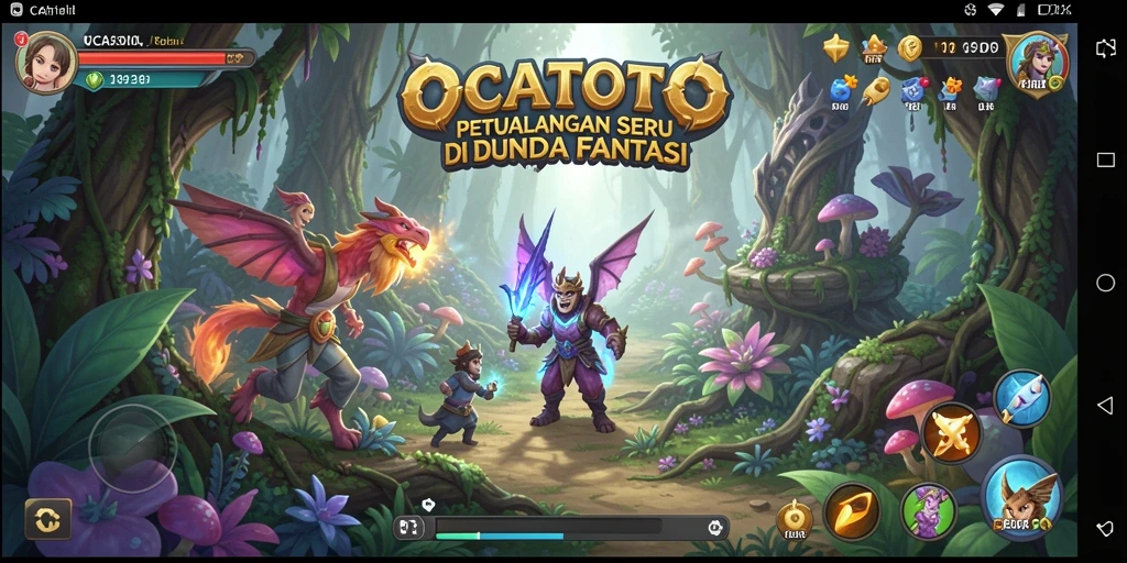Screenshot OCATOTO menampilkan karakter dalam pertempuran epik di dunia fantasi.