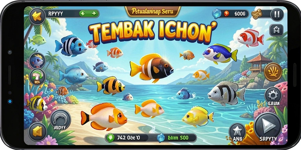 Screenshot gameplay menembak ikan yang seru dan penuh warna.