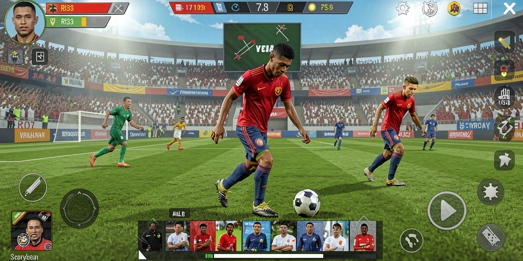 Screenshot gameplay RR33 menampilkan aksi dalam pertandingan sepak bola.