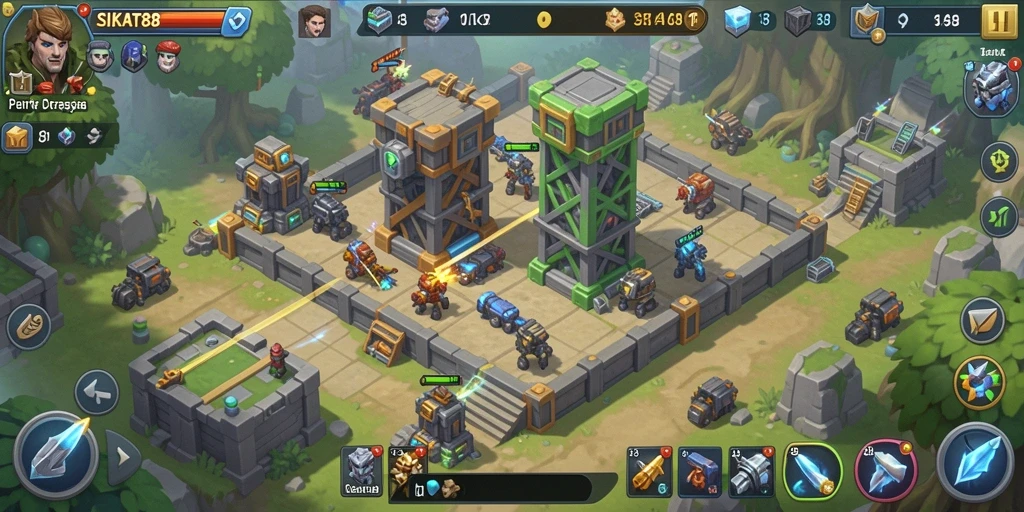 Tampilan gameplay dinamis dalam SIKAT88, menampilkan strategi menara yang seru.