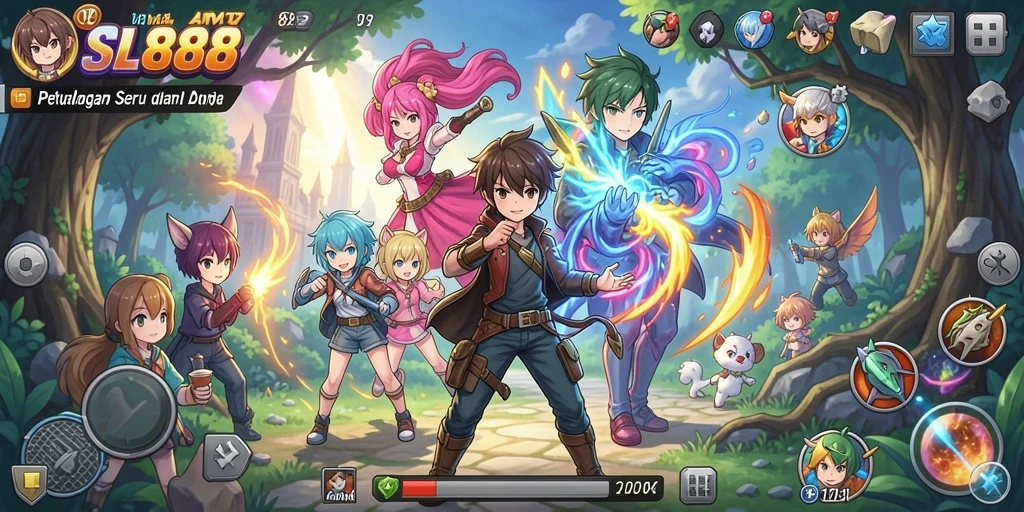 Tangkapan layar utama SL888 menampilkan karakter anime dalam aksi seru.