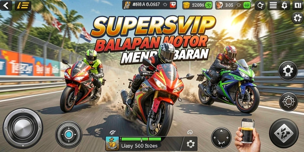 Tampilan gameplay SUPERSVIP yang mendebarkan dan penuh aksi balapan motor.