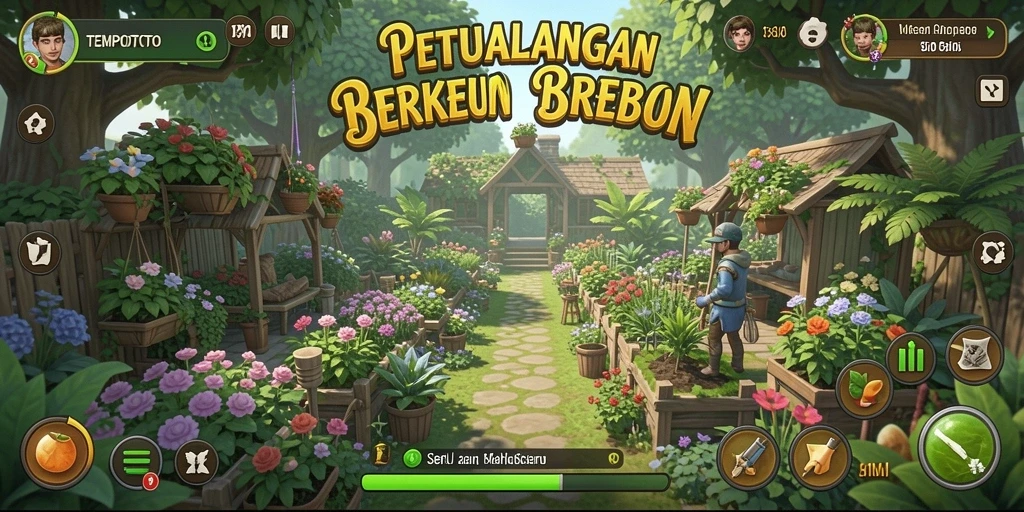 Screenshot gameplay TEMPOTOTO yang menunjukkan aktivitas berkebun yang seru.