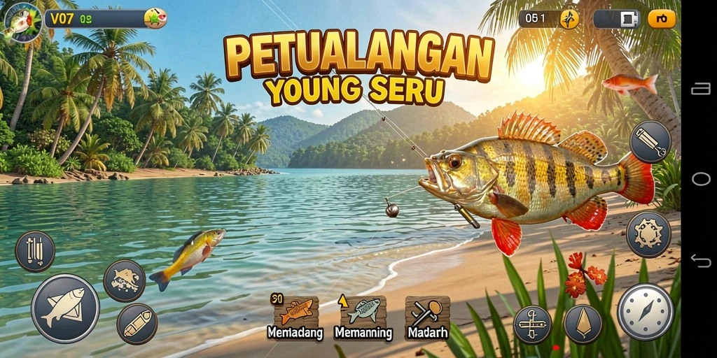 Screenshot gameplay V07 dengan aksi memancing yang seru.